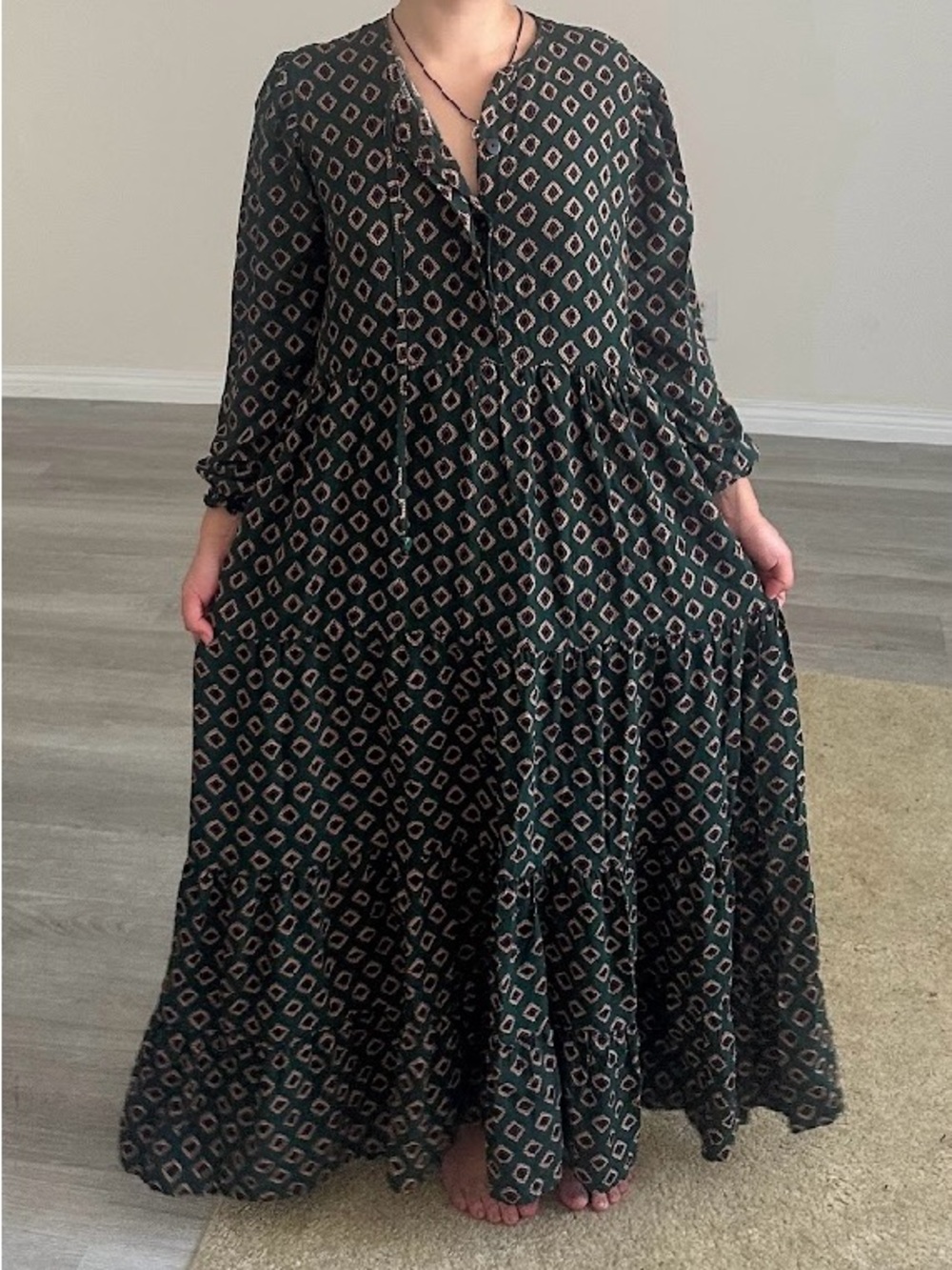 Green Diamond Print Tiered Maxi Dress